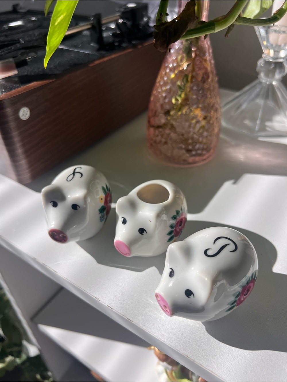 White Ceramic Pig Salt & Pepper Set with Pink Floral Accents